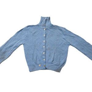 Vintage 1940s-1950s Light Blue Long Sleeve Collared Knit Cardigan Sweater Sz S